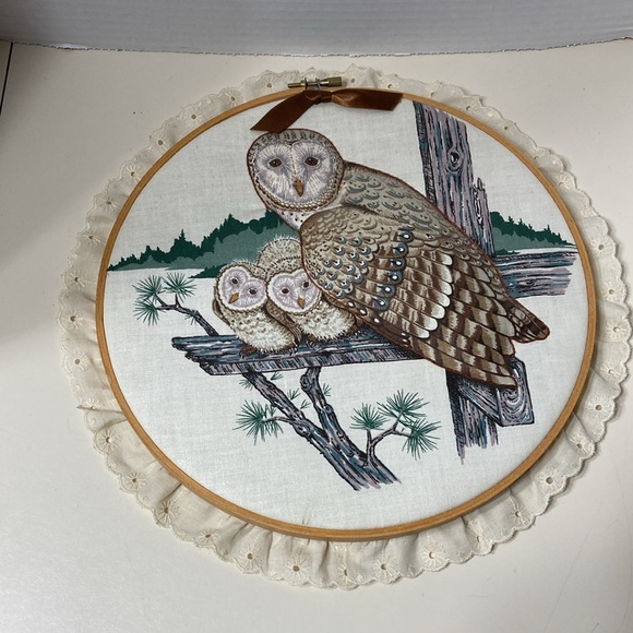 Vintage Owl Family Needlework Puff Artwork Round Fabric MCM Lace Trim Nature - Picture 5 of 7